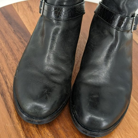 Cole Haan Tennley Knee High Boots 7.5 B Black Leather Stretch Buckles Pull On - Picture 5 of 13